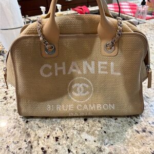 Chanel Beige Canvas Tote with Chain Handles